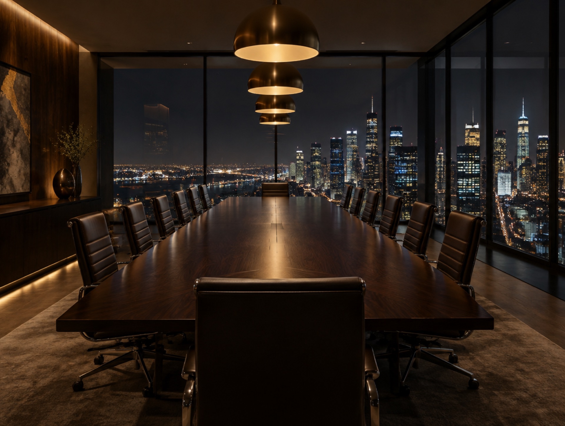 An empty boardroom at night overlooking the city